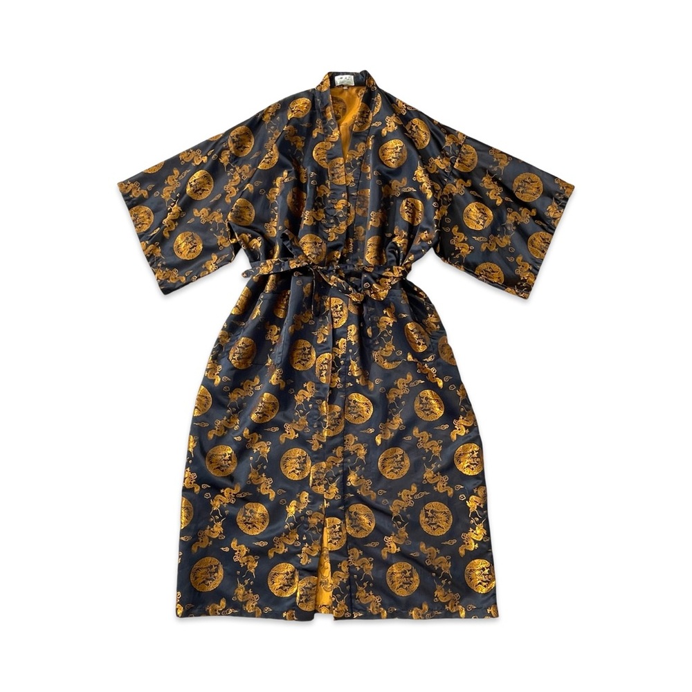 Vintage Jan Yuan Black Dragon Satin Kimono Robe